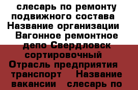 слесарь по ремонту подвижного состава › Название организации ­ Вагонное ремонтное депо Свердловск-сортировочный › Отрасль предприятия ­ транспорт  › Название вакансии ­ слесарь по ремонту подвижного состава › Место работы ­ район Старая сортировка, ул. Строителей 52 › Подчинение ­ мастеру участка производства › Минимальный оклад ­ 18 000 › Максимальный оклад ­ 40 000 › Возраст от ­ 20 › Возраст до ­ 55 - Свердловская обл. Работа » Вакансии   